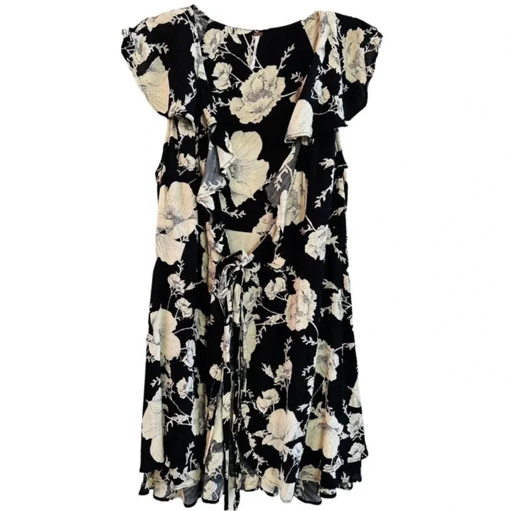 Free People Black Wrap Dress with Cream Floral Print Ruffled Mini Dress size XS